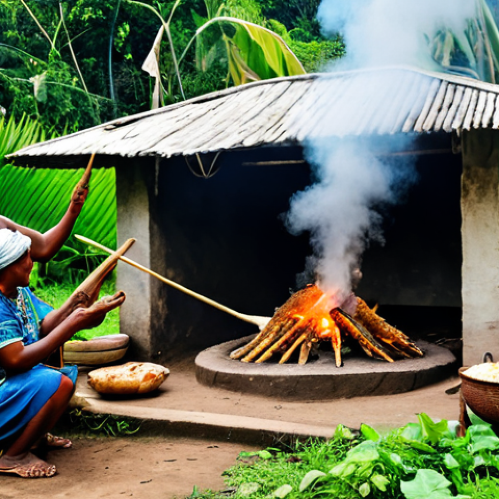 A group of local Papua New Guinean people, fully clothed in modest, traditional-inspired attire, are gathered around a traditional Mumu (earth oven) that has just been opened. Billowing steam rises from the pit, revealing perfectly cooked root vegetables like taro and yam, alongside tender pork and green leaves. The setting is a lush, tropical village with natural light. This captures an authentic, communal cultural ceremony. Safe for work, appropriate content, family-friendly, perfect anatomy, correct proportions, natural pose, well-formed hands, proper finger count, natural body proportions, professional photography, high quality, vibrant colors.