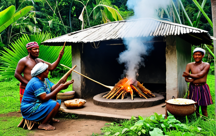 A group of local Papua New Guinean people, fully clothed in modest, traditional-inspired attire, are gathered around a traditional Mumu (earth oven) that has just been opened. Billowing steam rises from the pit, revealing perfectly cooked root vegetables like taro and yam, alongside tender pork and green leaves. The setting is a lush, tropical village with natural light. This captures an authentic, communal cultural ceremony. Safe for work, appropriate content, family-friendly, perfect anatomy, correct proportions, natural pose, well-formed hands, proper finger count, natural body proportions, professional photography, high quality, vibrant colors.