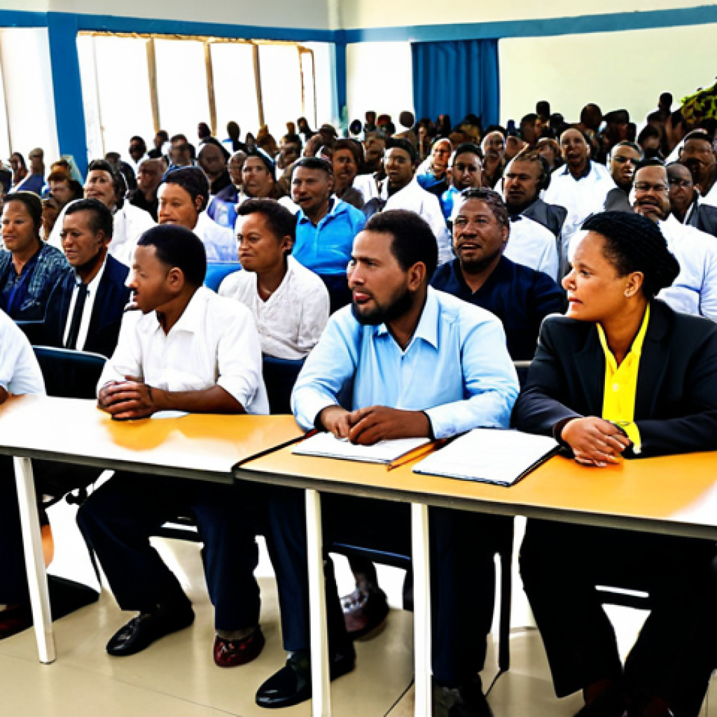 **

A diverse group of people in Papua New Guinea, including community leaders and lawyers, participating in a discussion about integrating traditional customary law with the modern legal system. The setting is a community meeting hall. Everyone is fully clothed in appropriate attire. The image should evoke a sense of respect for tradition and a commitment to fairness. Focus on the expressions and interactions, highlighting thoughtful engagement. safe for work, appropriate content, fully clothed, professional, modest, family-friendly, perfect anatomy, correct proportions, natural pose, well-formed hands, proper finger count, natural body proportions, professional photography, high quality.

**