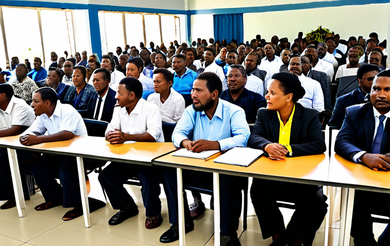 **

A diverse group of people in Papua New Guinea, including community leaders and lawyers, participating in a discussion about integrating traditional customary law with the modern legal system. The setting is a community meeting hall. Everyone is fully clothed in appropriate attire. The image should evoke a sense of respect for tradition and a commitment to fairness. Focus on the expressions and interactions, highlighting thoughtful engagement. safe for work, appropriate content, fully clothed, professional, modest, family-friendly, perfect anatomy, correct proportions, natural pose, well-formed hands, proper finger count, natural body proportions, professional photography, high quality.

**