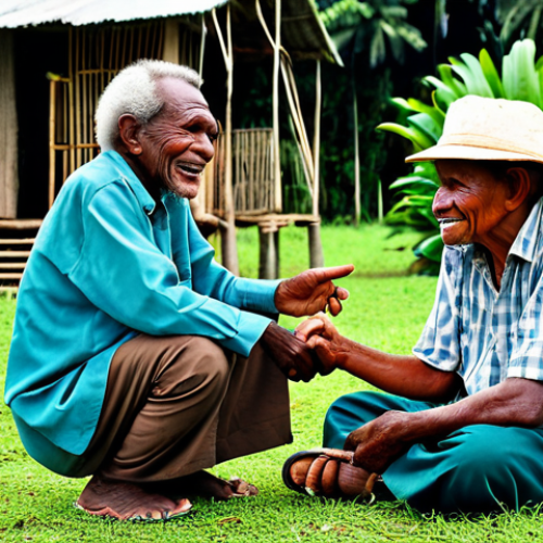 **

"A friendly encounter in a Papua New Guinean village. A tourist, fully clothed in modest travel attire, sits with an elderly Papua New Guinean man, listening intently as he gestures while telling a story. Traditional crafts are displayed nearby. Background shows village life with modest dwellings and lush greenery. Safe for work, appropriate content, perfect anatomy, natural pose, high resolution, vibrant colors, professional photography, cultural exchange, family-friendly."

**