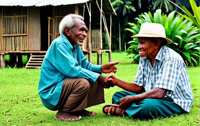 **

"A friendly encounter in a Papua New Guinean village. A tourist, fully clothed in modest travel attire, sits with an elderly Papua New Guinean man, listening intently as he gestures while telling a story. Traditional crafts are displayed nearby. Background shows village life with modest dwellings and lush greenery. Safe for work, appropriate content, perfect anatomy, natural pose, high resolution, vibrant colors, professional photography, cultural exchange, family-friendly."

**