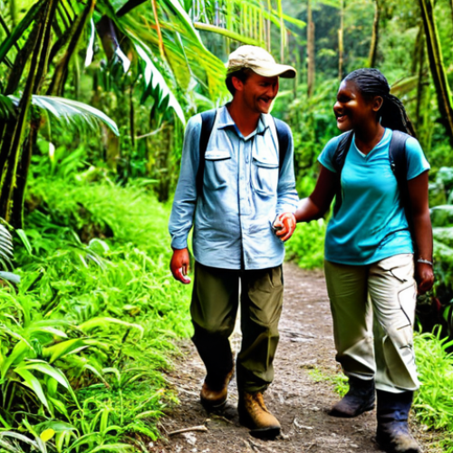 Home 28 **
A sun-drenched photo of a smiling female traveler, fully clothed in practical hiking gear (khaki pants, long-sleeved shirt, sturdy boots), walking with a local guide through a lush, green Papua New Guinean rainforest. The guide is pointing at some exotic flora. Backpacks are visible. Safe for work. Appropriate content. Perfect anatomy, correct proportions, natural pose. Professional photography, high quality, modest attire, family-friendly. The focus is on the safe and respectful interaction with local culture and nature.
**
