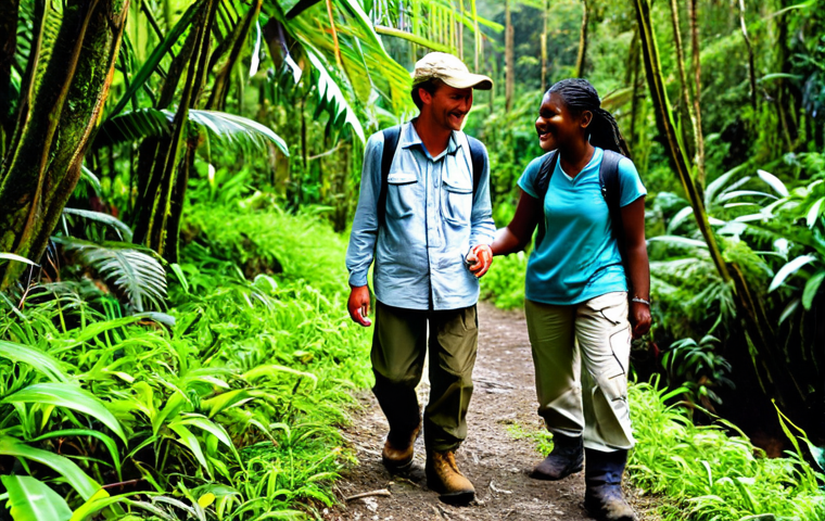 **

A sun-drenched photo of a smiling female traveler, fully clothed in practical hiking gear (khaki pants, long-sleeved shirt, sturdy boots), walking with a local guide through a lush, green Papua New Guinean rainforest. The guide is pointing at some exotic flora.  Backpacks are visible. Safe for work.  Appropriate content.  Perfect anatomy, correct proportions, natural pose.  Professional photography, high quality, modest attire, family-friendly. The focus is on the safe and respectful interaction with local culture and nature.
**
