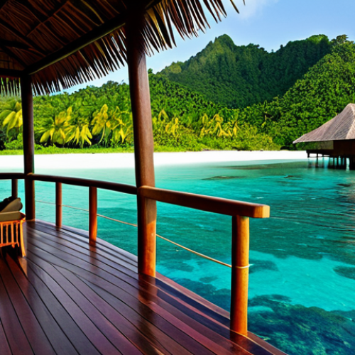 Home 27 Lissenung Island Resort - Sustainable Paradise**
"A picturesque overwater bungalow at Lissenung Island Resort, Papua New Guinea, bathed in the warm glow of sunset. The bungalow is crafted from natural materials and blends seamlessly with the tropical environment. Solar panels are subtly visible, indicating the resort's commitment to sustainability. A family is enjoying the view from their private deck, fully clothed in modest swimwear and casual attire. Lush tropical vegetation surrounds the resort. Safe for work, appropriate content, family-friendly, professional photography, perfect anatomy, correct proportions, natural pose, high quality."
**