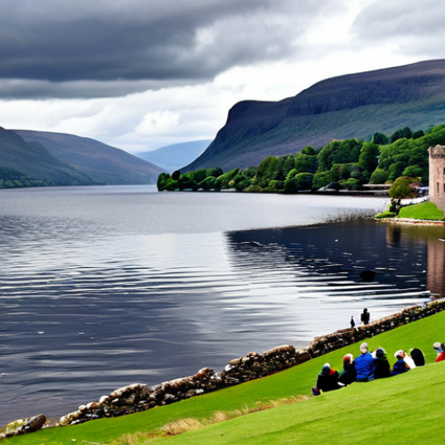 Home 14 Loch Ness View**
"Scenic view of Loch Ness under a cloudy sky, with Urquhart Castle ruins visible on the shoreline, fully clothed tourists in appropriate outdoor attire, safe for work, perfect anatomy, correct proportions, professional photography, high quality, family-friendly atmosphere, distant mountains, reflection on the water, peaceful scene, clear details."
**