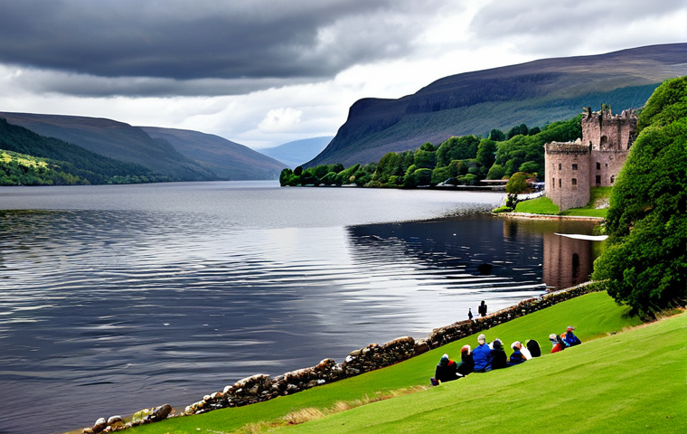 Loch Ness View**

"Scenic view of Loch Ness under a cloudy sky, with Urquhart Castle ruins visible on the shoreline, fully clothed tourists in appropriate outdoor attire, safe for work, perfect anatomy, correct proportions, professional photography, high quality, family-friendly atmosphere, distant mountains, reflection on the water, peaceful scene, clear details."

**