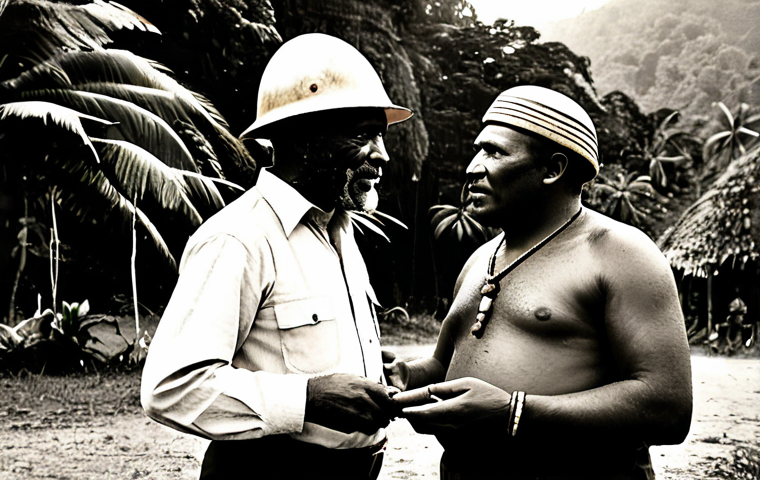파푸아뉴기니 역사적 식민 지배 - Historical Perspective**

"A sepia-toned photograph of a German colonial administrator meeting with ...